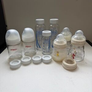 Baby Glass Bottles MAM Pigeon Dr. Brown’s Lot Of 8 One Is Plastic With Lids